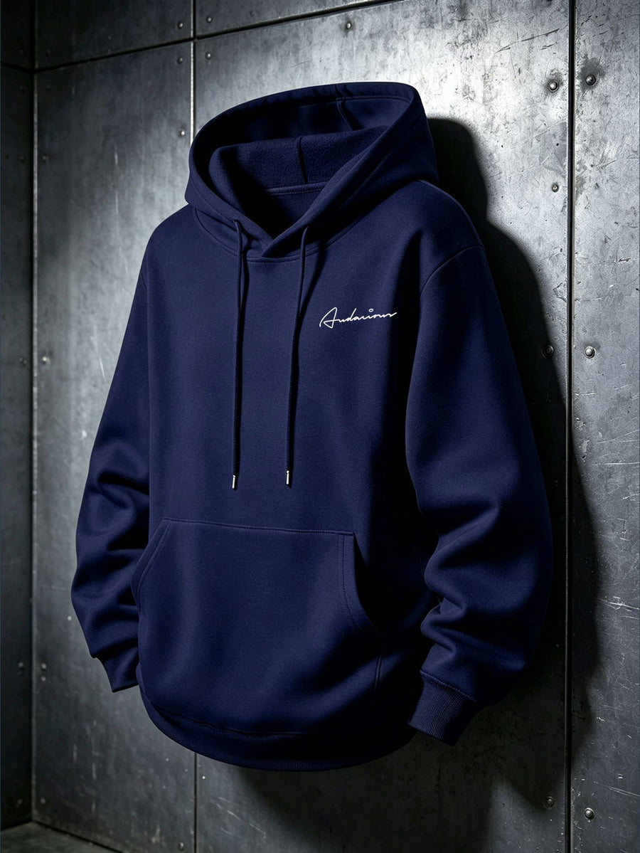 Retro American Hand-Signed Small Label Hooded Sweatshirt Men'S with Hood Casual Street Trendy All-Match Long Sleeve Top Casual Wear Hoodie Winter Clothes for Men - Navy Color
