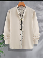 Spring And Autumn Men'S New Chinese Style Stand Collar Embroidered Long Sleeve Shirt, Flowing Wrinkle-Resistant Lightweight Casual Shirt for Outings, Shopping, Vacation, Daily Wear, Commuting Top - Apricot
