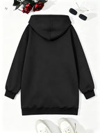 Loose-fit Mid-length Cardigan Hooded Sweatshirt with Letter Print - Black