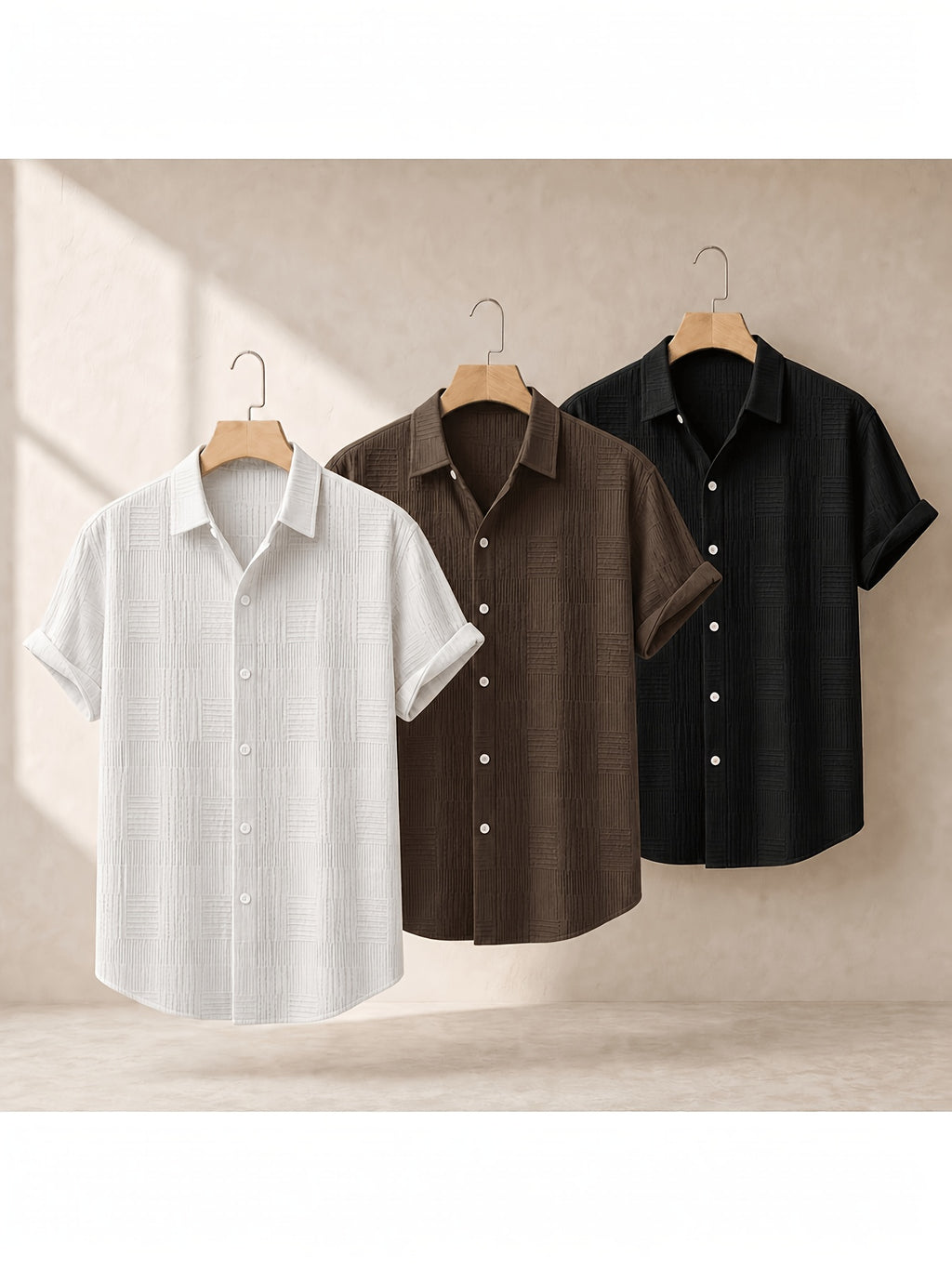 Men'S 3pcs Textured Short Sleeve Shirt Set - Pearl White, Gray-Brown And Black, Casual Vacation Wear - Pearl White+Gray Brown+Black