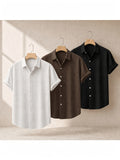Men'S 3pcs Textured Short Sleeve Shirt Set - Pearl White, Gray-Brown And Black, Casual Vacation Wear - Pearl White+Gray Brown+Black