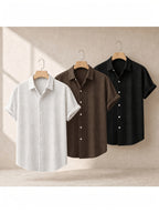 Men'S 3pcs Textured Short Sleeve Shirt Set - Pearl White, Gray-Brown And Black, Casual Vacation Wear - Pearl White+Gray Brown+Black
