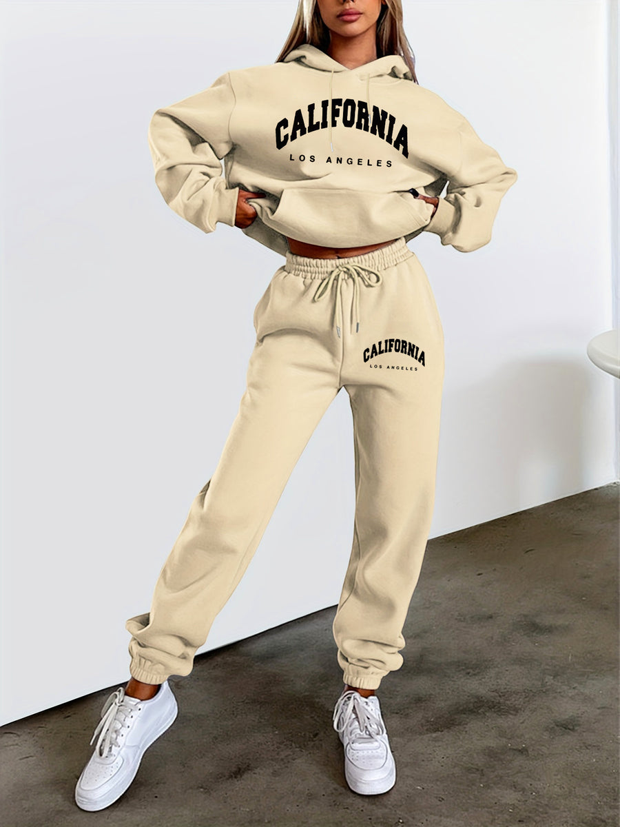 Women'S Slogan Print Drop-Shoulder Casual Hooded Pullover Sweatshirt with Casual Drawstring Sweatpants, Halloween Costume, Christmas Costume, Party Outfit, Parent- Outfit, Back-To- Autumn And Winter Two-Piece Set - Apricot