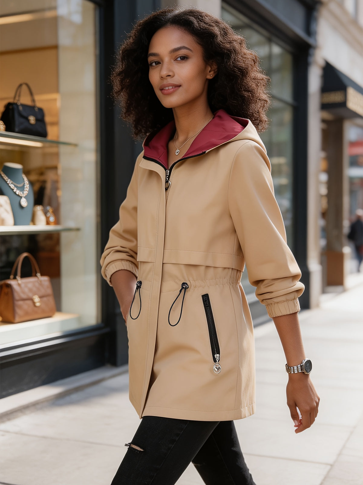 Women's Reversible Mid-Length Spring & Autumn Trench Coat, Color Block, Fixed Hood with Zipper Pockets, Adjustable Cinch Waist Slim Fit, Lightweight Durable Flip Outerwear, Zip-Up Solid Elegant Versatile Outdoor Jacket - Khaki