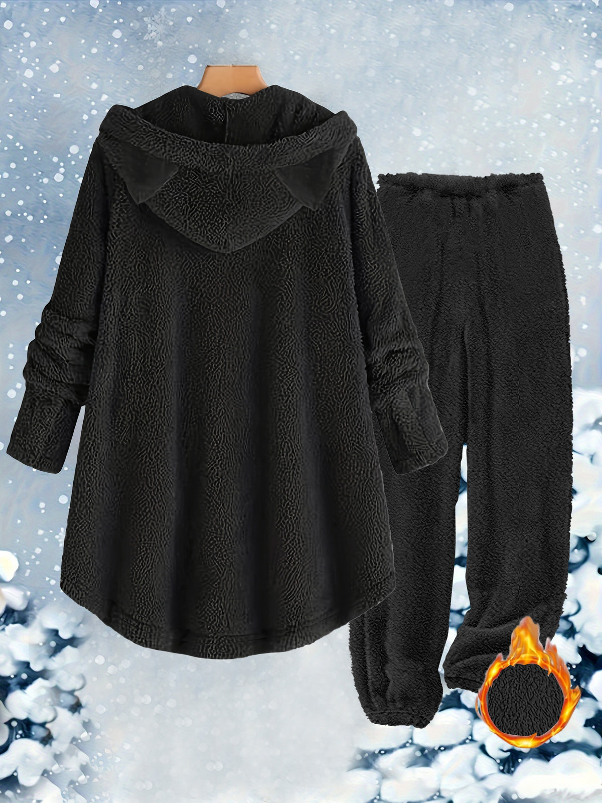 Targeted Development Fashion Women'S Contrast Plush Cat Ear Cute Casual Hoodie And Pants Set - Black
