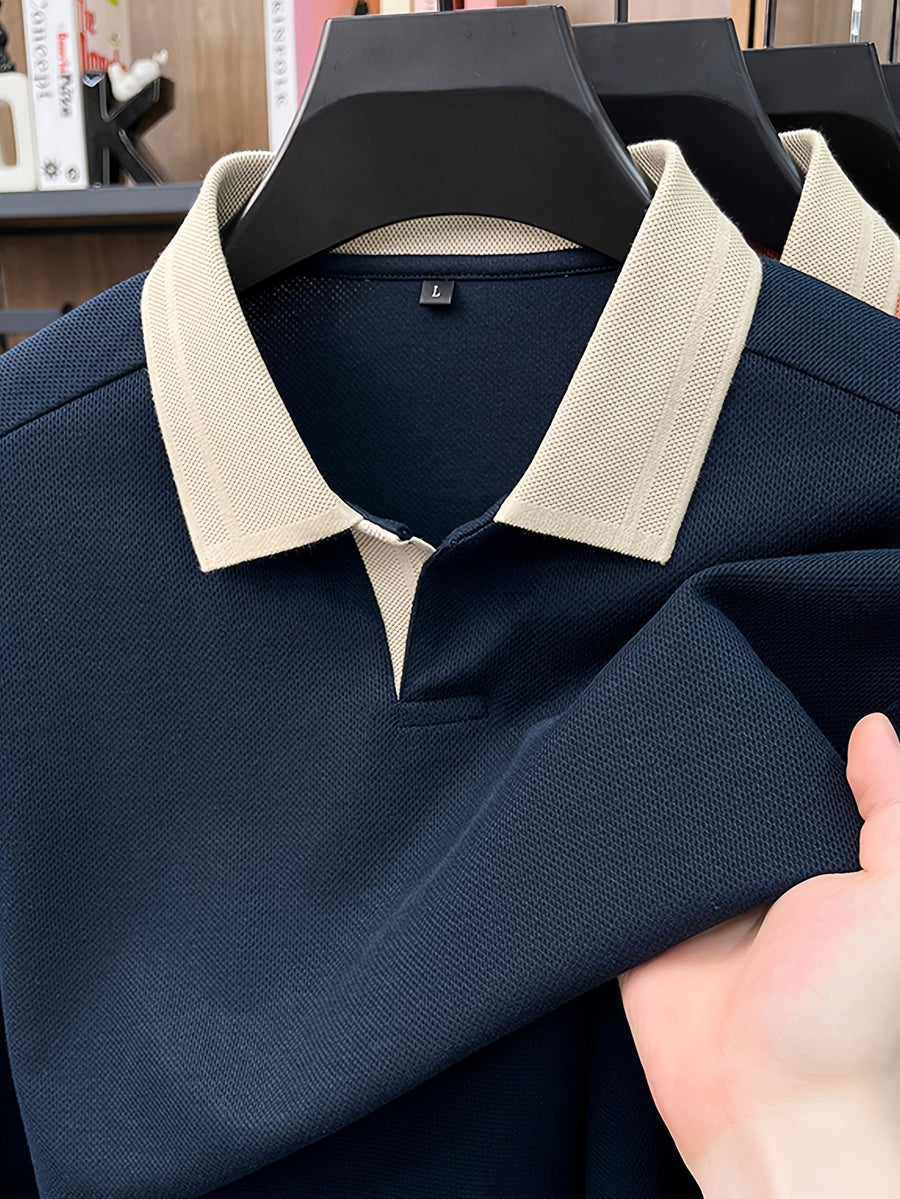 Men's Long-Sleeve T-Shirt, Color-Block Lapel Casual Tee, New Versatile Top for Spring and Autumn - Navy Color