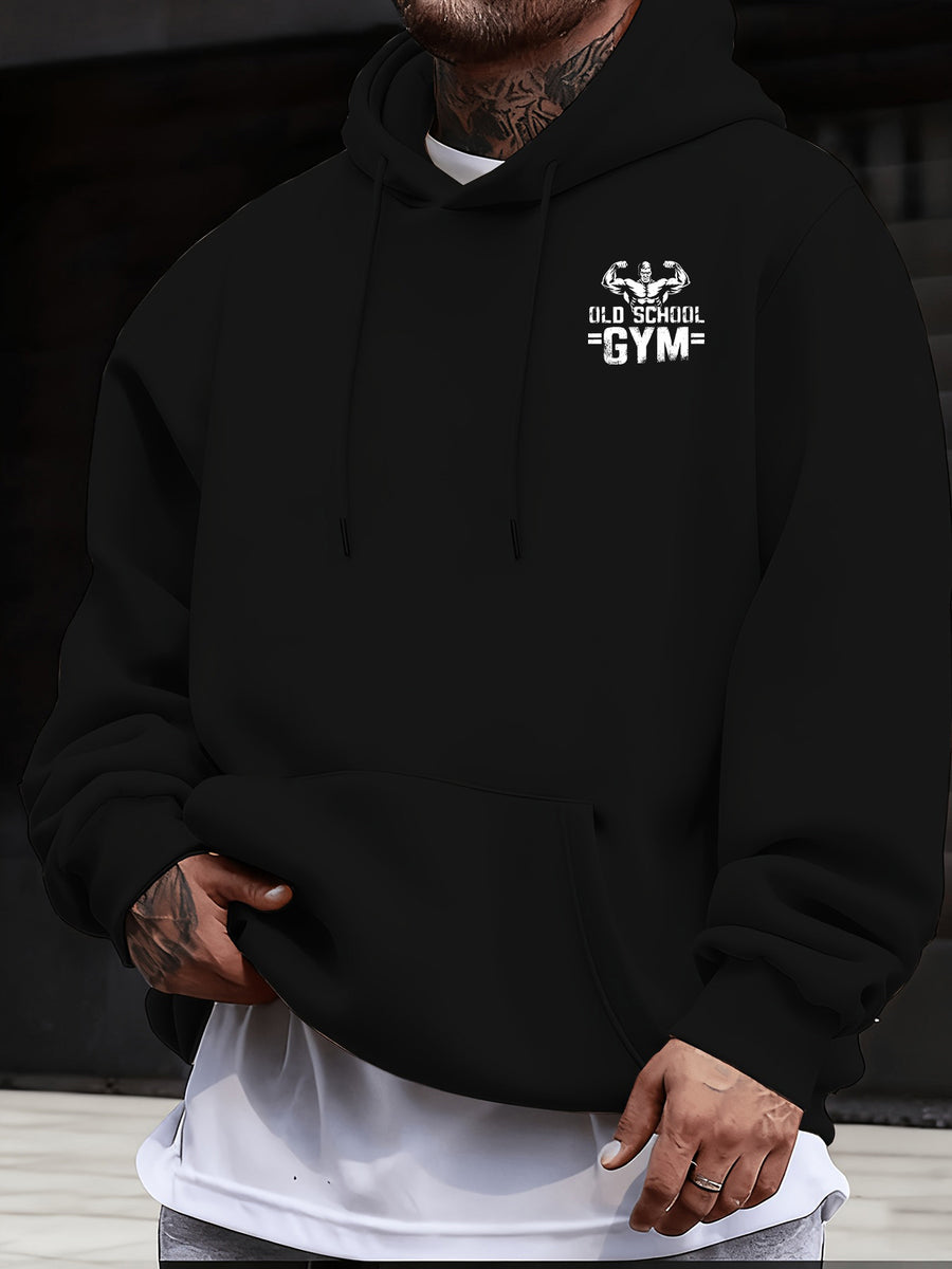 Men's Casual Sweatshirt with Letter Print, Drawstring Hood, Long Sleeve Pullover with Pocket - Black