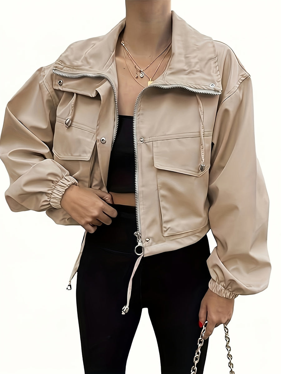 Women'S Fused Casual All-Match Vacation Lapel Short Zipper Coat Autumn Winter Commuter Jacket Elegant - Apricot