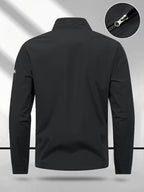 Men's Stand Collar Jacket with Color-blocking White Stripe Design and Logo, Business Casual Versatile Lightweight Windbreaker, Trendy Slim Fit Zip-up Sports Jacket, Suitable for Daily Work Wear. - Black