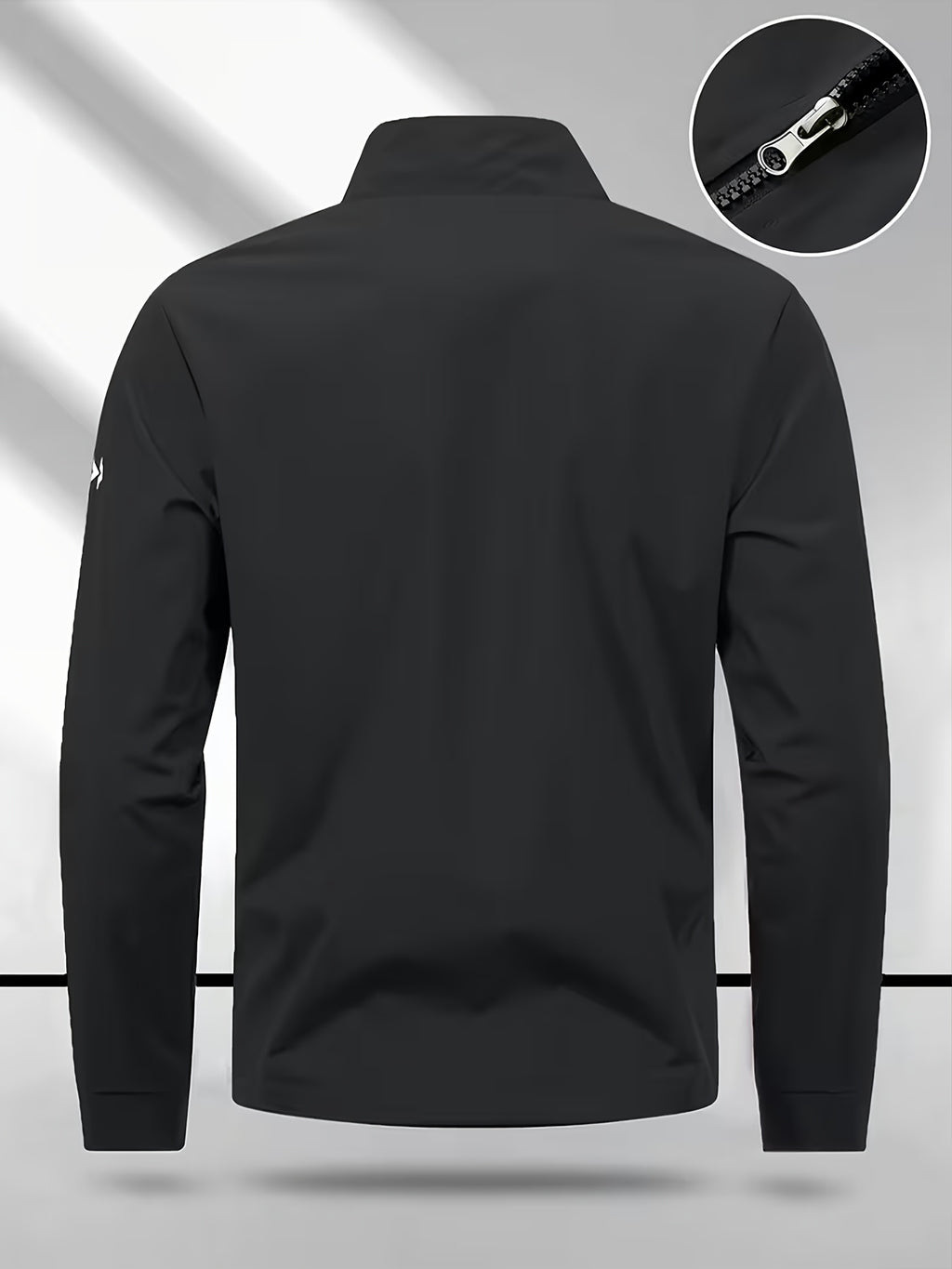 Men's Stand Collar Jacket with Color-blocking White Stripe Design and Logo, Business Casual Versatile Lightweight Windbreaker, Trendy Slim Fit Zip-up Sports Jacket, Suitable for Daily Work Wear. - Black