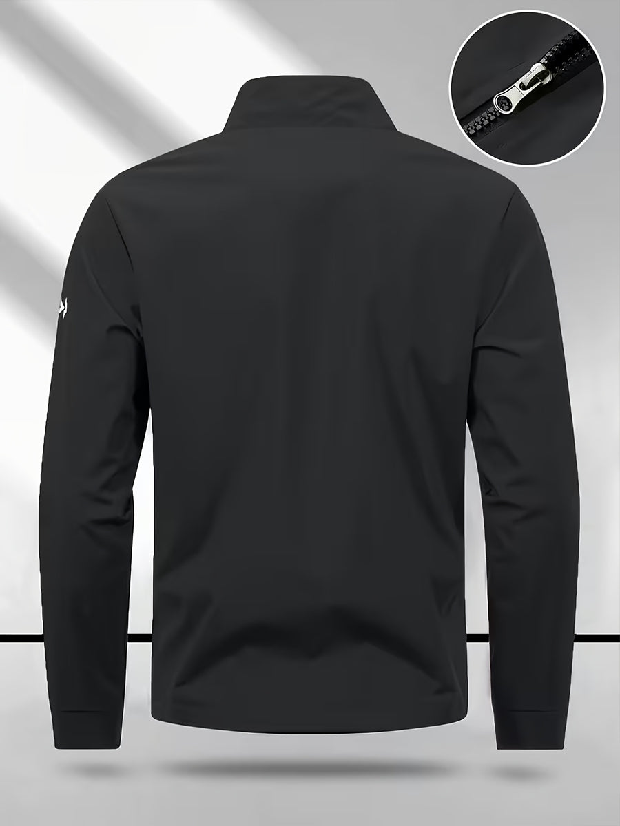 Men's Stand Collar Jacket with Color-blocking White Stripe Design and Logo, Business Casual Versatile Lightweight Windbreaker, Trendy Slim Fit Zip-up Sports Jacket, Suitable for Daily Work Wear. - Black
