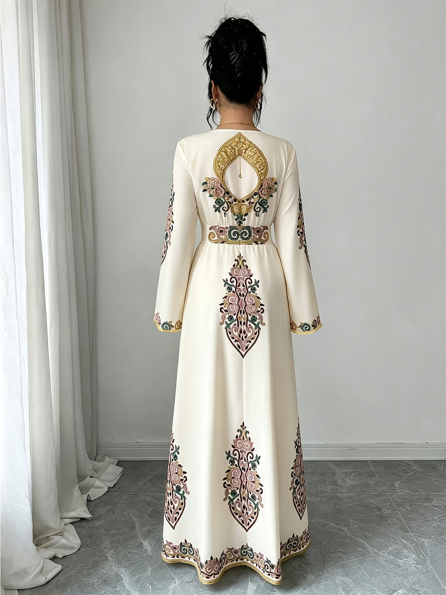 Women'S Summer Autumn Bride, Retro Elegant Dignified Wedding Non- Bohemian Middle Eastern, Printed Design, V-Neck Long Sleeve Batwing Sleeve Loose Flowing Long Wrap Dress, Golden Contrast Design Court Style Dress Suitable for Vacation, Party - Off-white