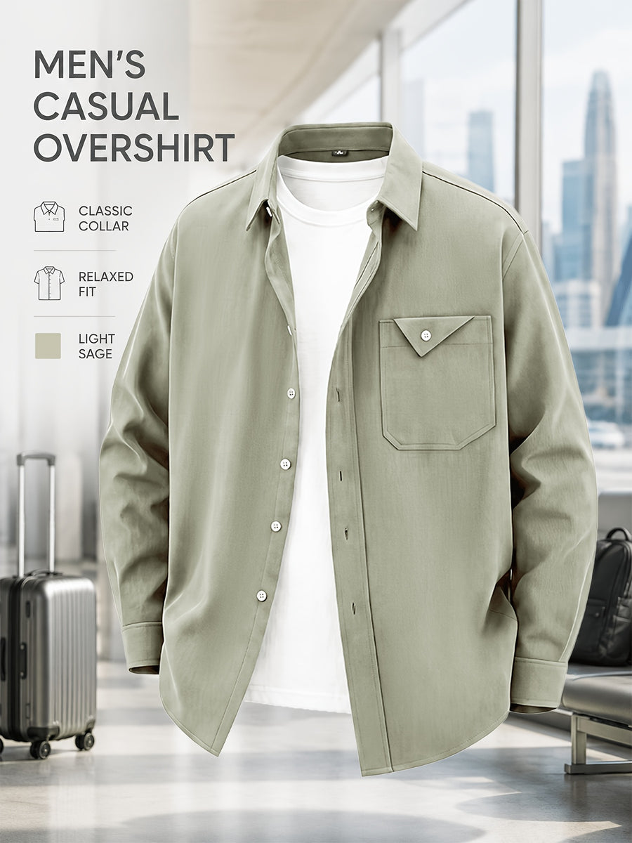 Men'S Spring Autumn Casual Long Sleeve Shirt Jacket, Classic Lapel Neat And Stylish, Triangle Pocket Chest Bag for Storage And Texture Detail, Loose Fit Comfortable Unrestricted, Skin-Friendly Stiff Fabric Supports Layering Inside And Out - Pea Green Color