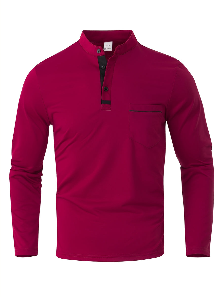 [JOSHIMAI OBM] 2pcs Men'S Long Sleeve Henley Shirts, Soft Comfortable Stretch Fabric, Lightweight Breathable Easy Care, Stand Collar 3-Button Placket Design, Contrast Color Placket And Pocket Details, Suitable for Office Commute, Business Casual - Wine Red+Black