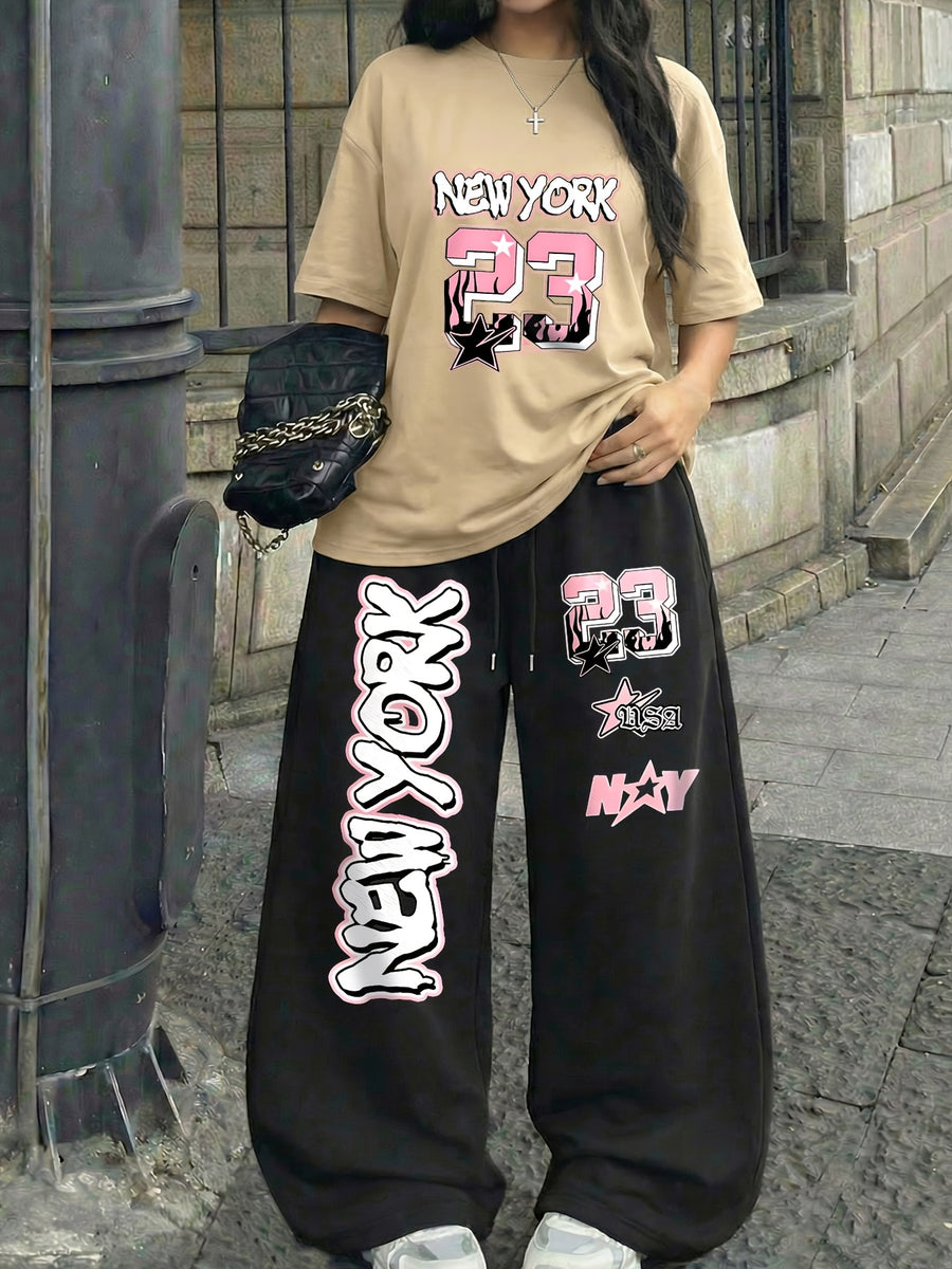 NEW YORK" and Number 23 Print Casual Streetwear Crew Neck Short Sleeve Top and Loose Drawstring Long Pants 2pcs Set, Women's Jersey Sporty Style Outfit, Suitable for Summer Street Style Hot - Apricot+Black