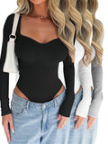 Women's 3pcs Set of Fashionable and Comfortable Solid Color Square Neck Long-Sleeve Bodysuits for Spring, Summer, Autumn, and Winter, Suitable as Base Layers or Outerwear - Mixed colors
