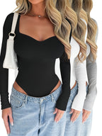 Women's 3pcs Set of Fashionable and Comfortable Solid Color Square Neck Long-Sleeve Bodysuits for Spring, Summer, Autumn, and Winter, Suitable as Base Layers or Outerwear - Mixed colors