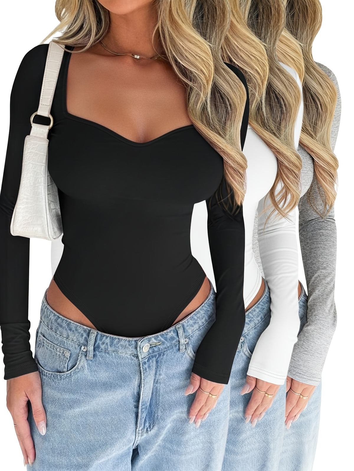 Women's 3pcs Set of Fashionable and Comfortable Solid Color Square Neck Long-Sleeve Bodysuits for Spring, Summer, Autumn, and Winter, Suitable as Base Layers or Outerwear - Mixed colors