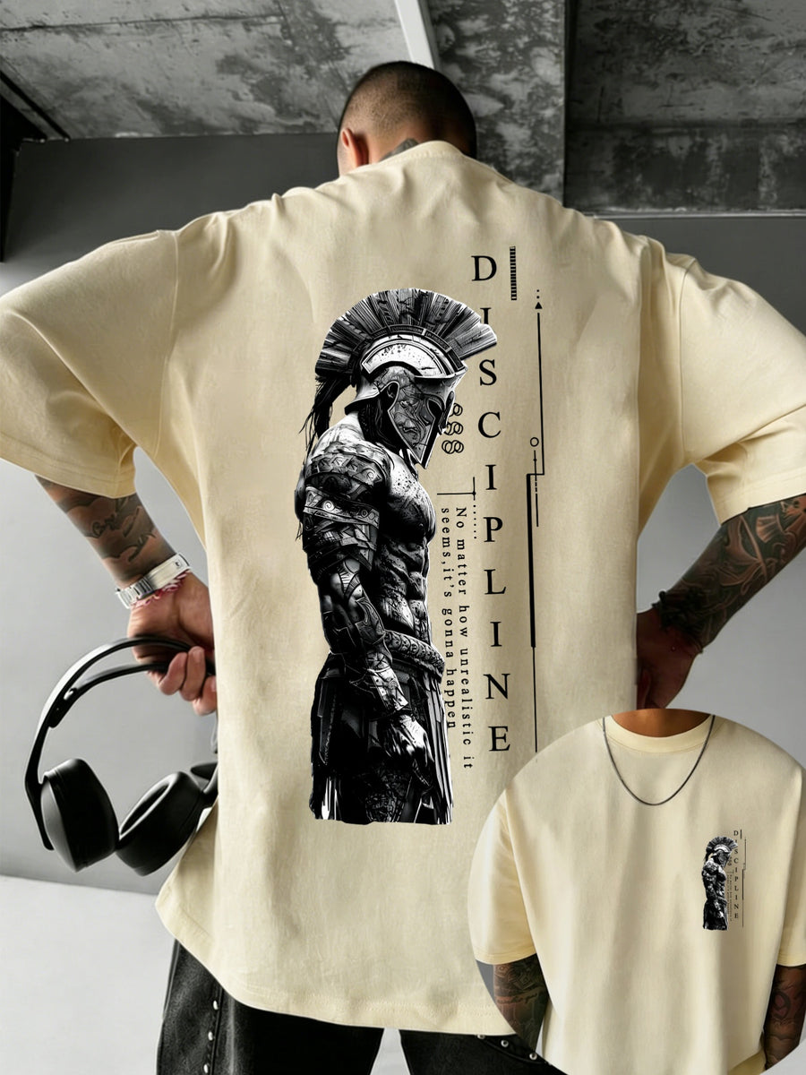 Men'S 100% T-Shirt, Spartan Warrior Discipline Print, All-Season Wear, Casual Sporty Comfortable Breathable - Apricot