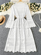 Women's Solid Color Beach Vacation Romantic Crochet Mesh Drawstring Tie Bow Cardigan Western Clothing - High-End - White