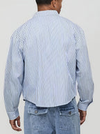 Men's Short Striped Casual Long-Sleeve Button- Shirt with Lapel, Suitable for Spring/Autumn Outings, Vacations, and Daily Wear, Men's Fashion Apparel - Light Blue