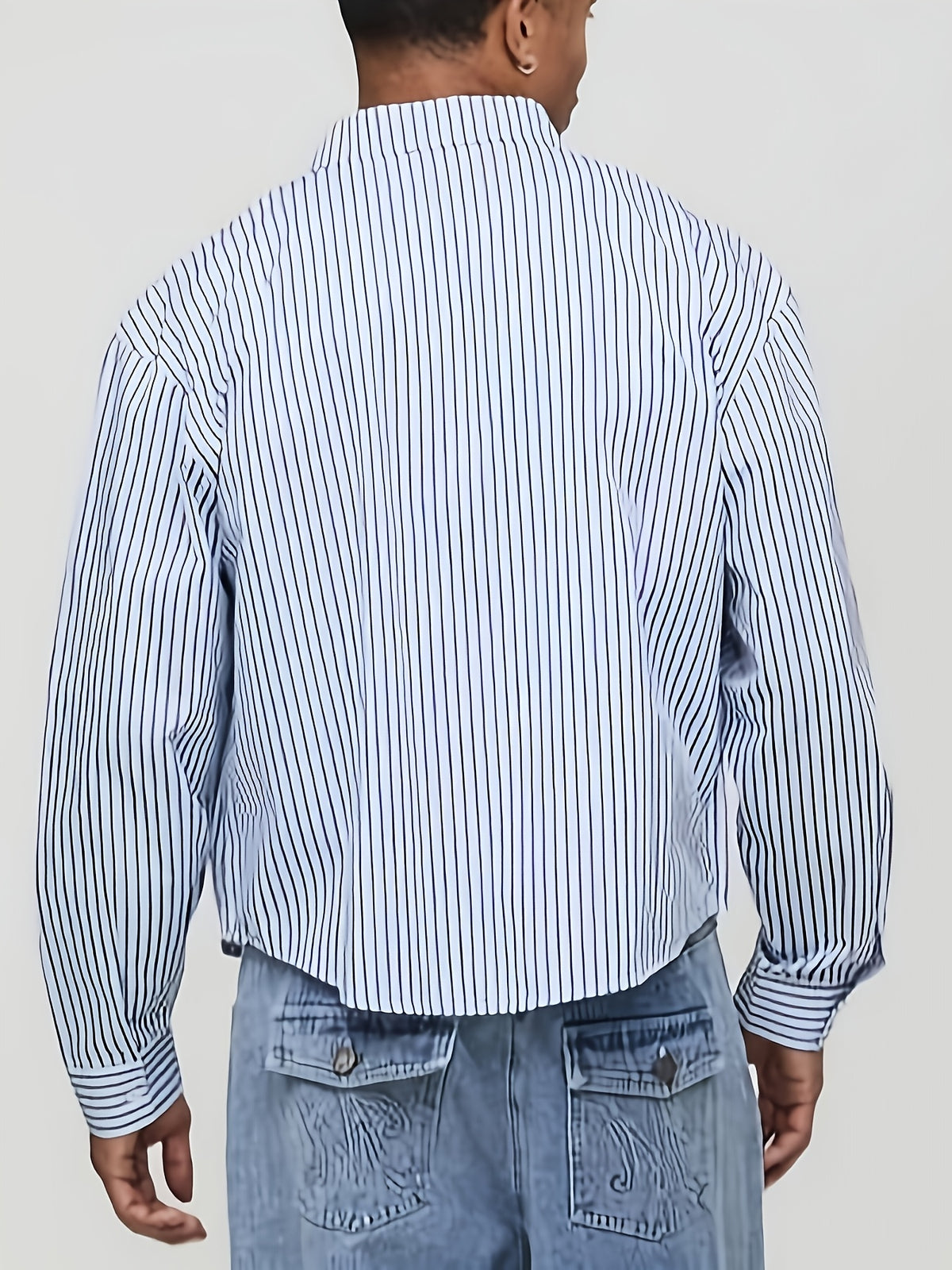 Men's Short Striped Casual Long-Sleeve Button- Shirt with Lapel, Suitable for Spring/Autumn Outings, Vacations, and Daily Wear, Men's Fashion Apparel - Light Blue