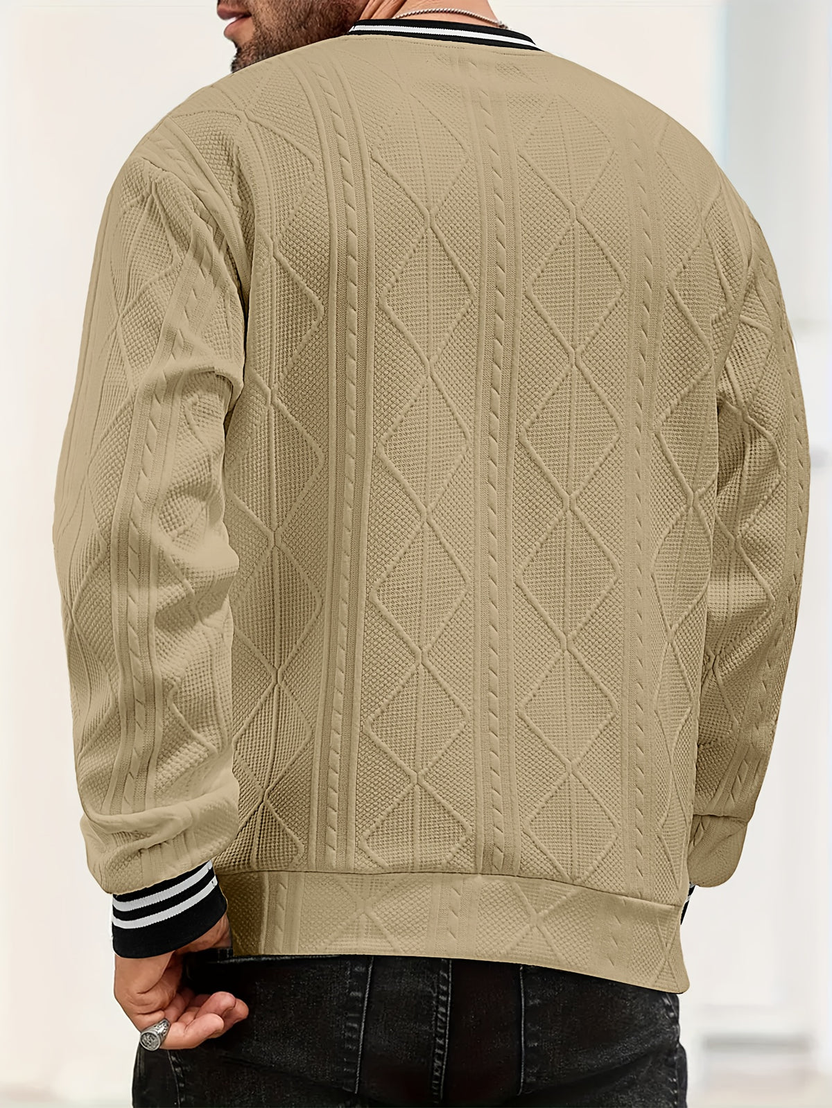 New Men's Casual Fashionable Sporty Cool Versatile Trendy Stylish 3D Jacquard Fabric High Street Popular Knitted Flatbed Collar Crew Neck Sweatshirt - Khaki