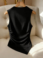 Women'S Metallic Decorative Ribbed Solid Elegant Sleeveless Top - Black