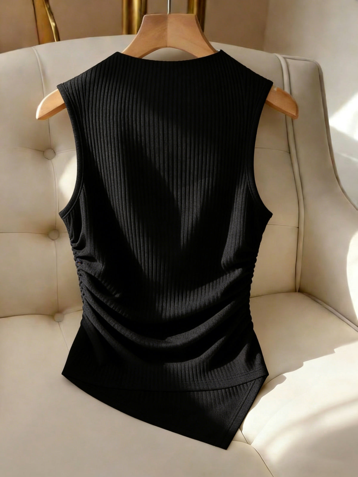 Women'S Metallic Decorative Ribbed Solid Elegant Sleeveless Top - Black