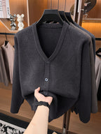 Autumn/Winter Knitted Solid Color V-Neck Sweater, Basic Knit Cardigan, Men's Fashion Long-Sleeve Knitwear, Set Y - Black