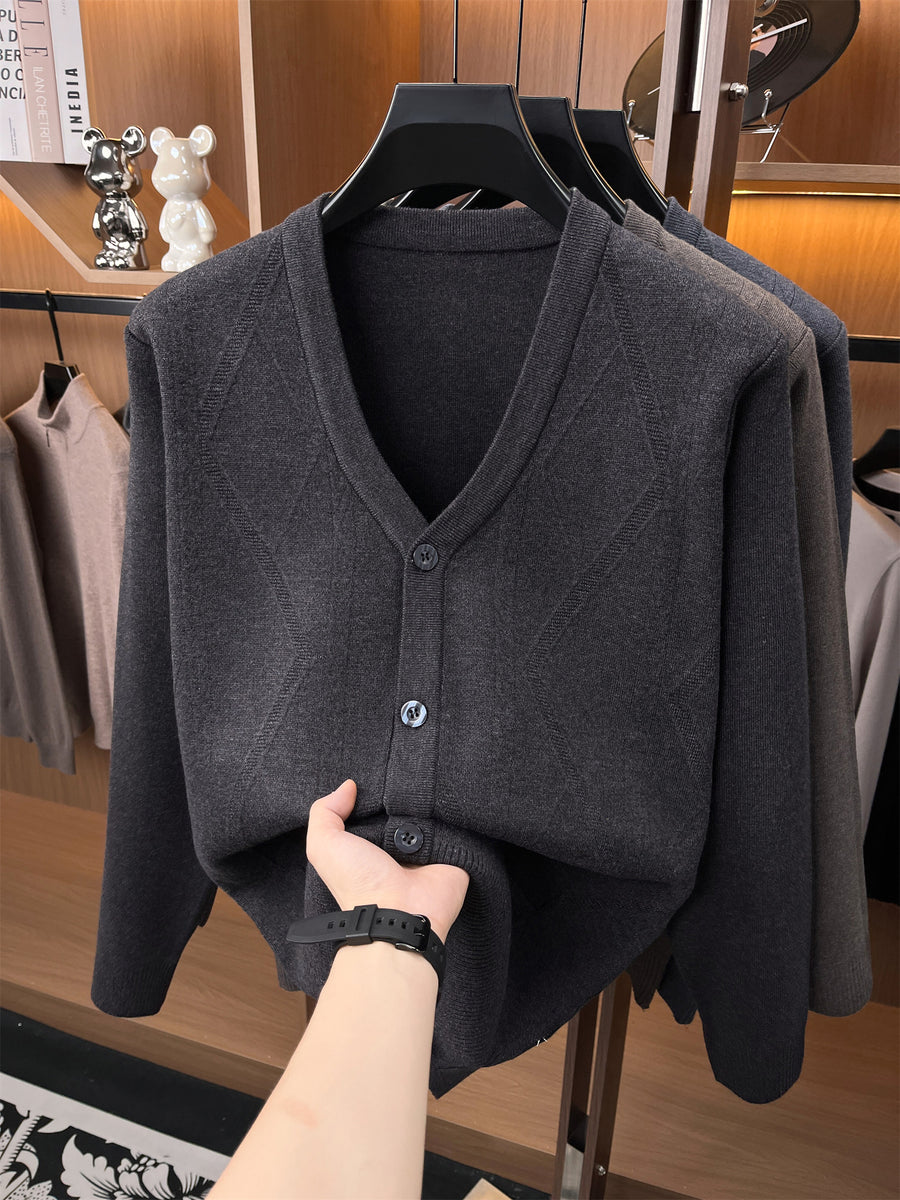 Autumn/Winter Knitted Solid Color V-Neck Sweater, Basic Knit Cardigan, Men's Fashion Long-Sleeve Knitwear, Set Y - Black