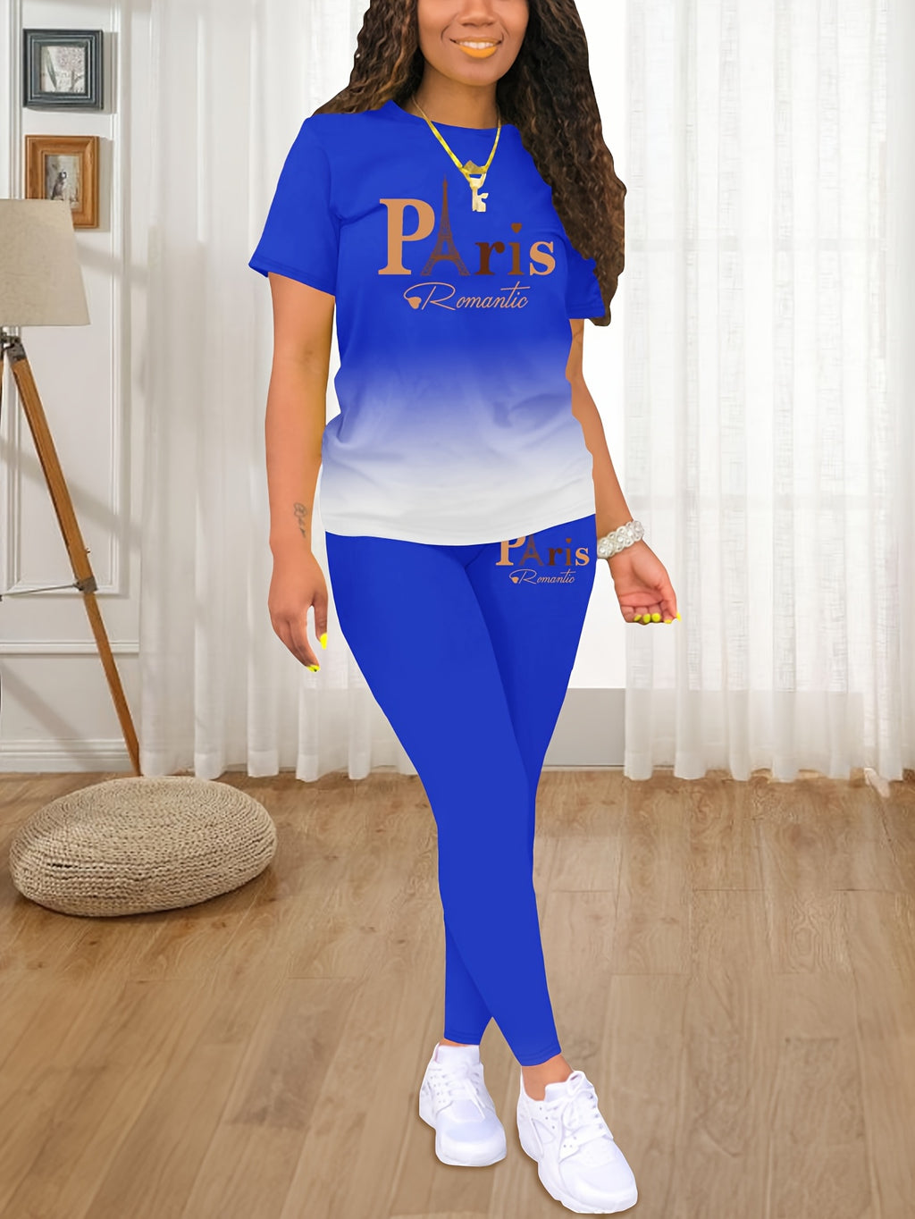 Fashionable Women'S Spring/Summer Set | Crew Neck Short Sleeve Printed Top with Long Pants | Architectural Pattern, Regular Fit - Blue