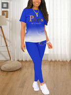 Fashionable Women'S Spring/Summer Set | Crew Neck Short Sleeve Printed Top with Long Pants | Architectural Pattern, Regular Fit - Blue