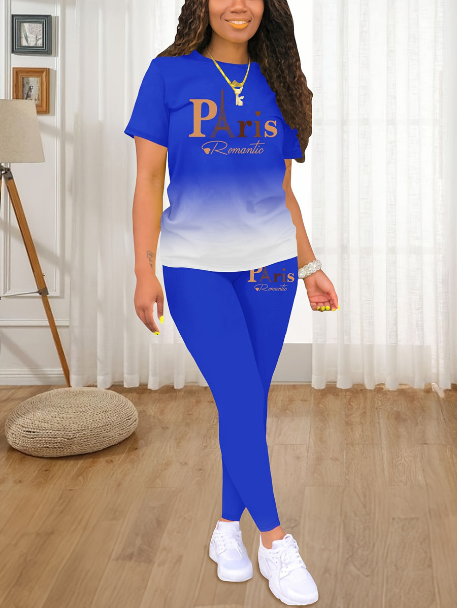 Fashionable Women'S Spring/Summer Set | Crew Neck Short Sleeve Printed Top with Long Pants | Architectural Pattern, Regular Fit - Blue