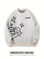 ANDREILEE Men's & Unisex Oversized Sweater - White Star Jacquard Sweater with Crew Neck, Loose-Fit Pullover, Long Sleeve Winter Sweater Suitable for Casual Wear, Office, Layering, Hand Washable Warmth - White