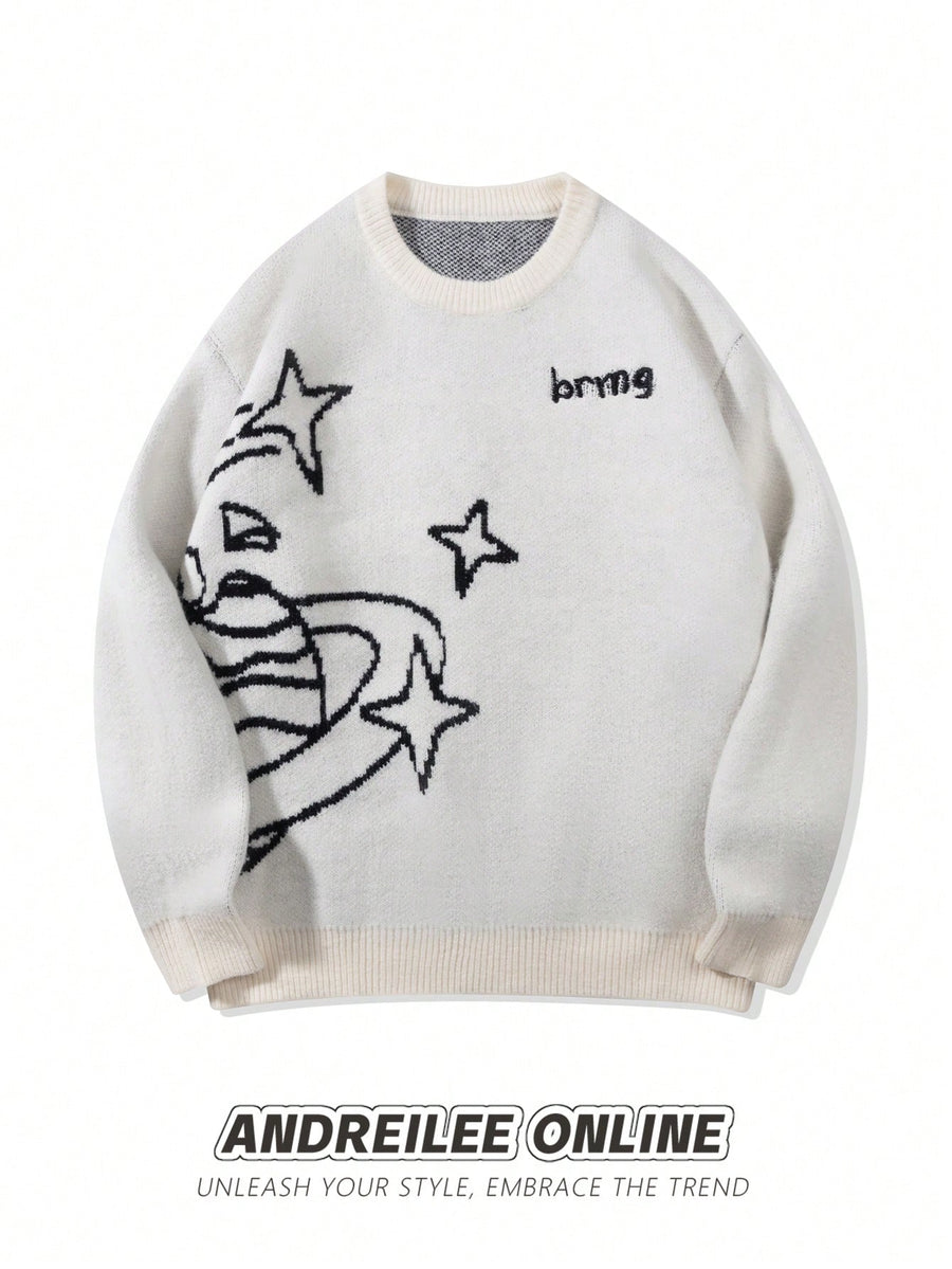 ANDREILEE Men's & Unisex Oversized Sweater - White Star Jacquard Sweater with Crew Neck, Loose-Fit Pullover, Long Sleeve Winter Sweater Suitable for Casual Wear, Office, Layering, Hand Washable Warmth - White
