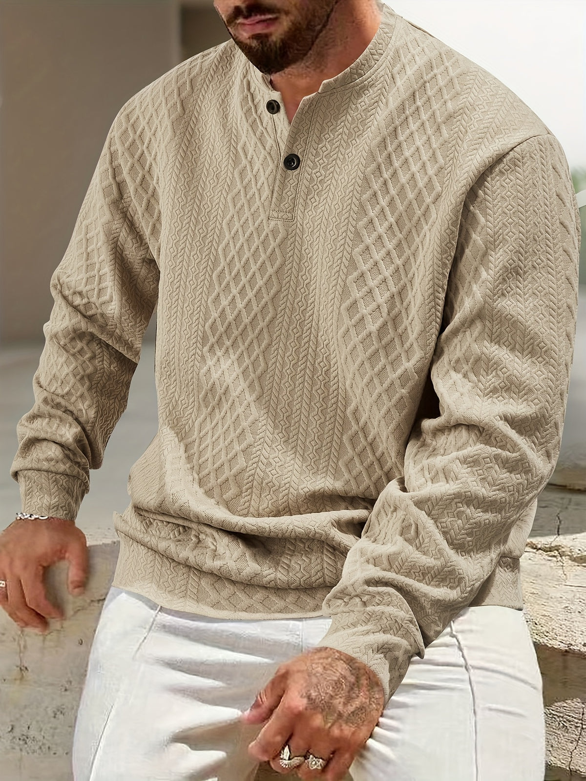 New 3D Jacquard Fabric Henley Shirt - Khaki