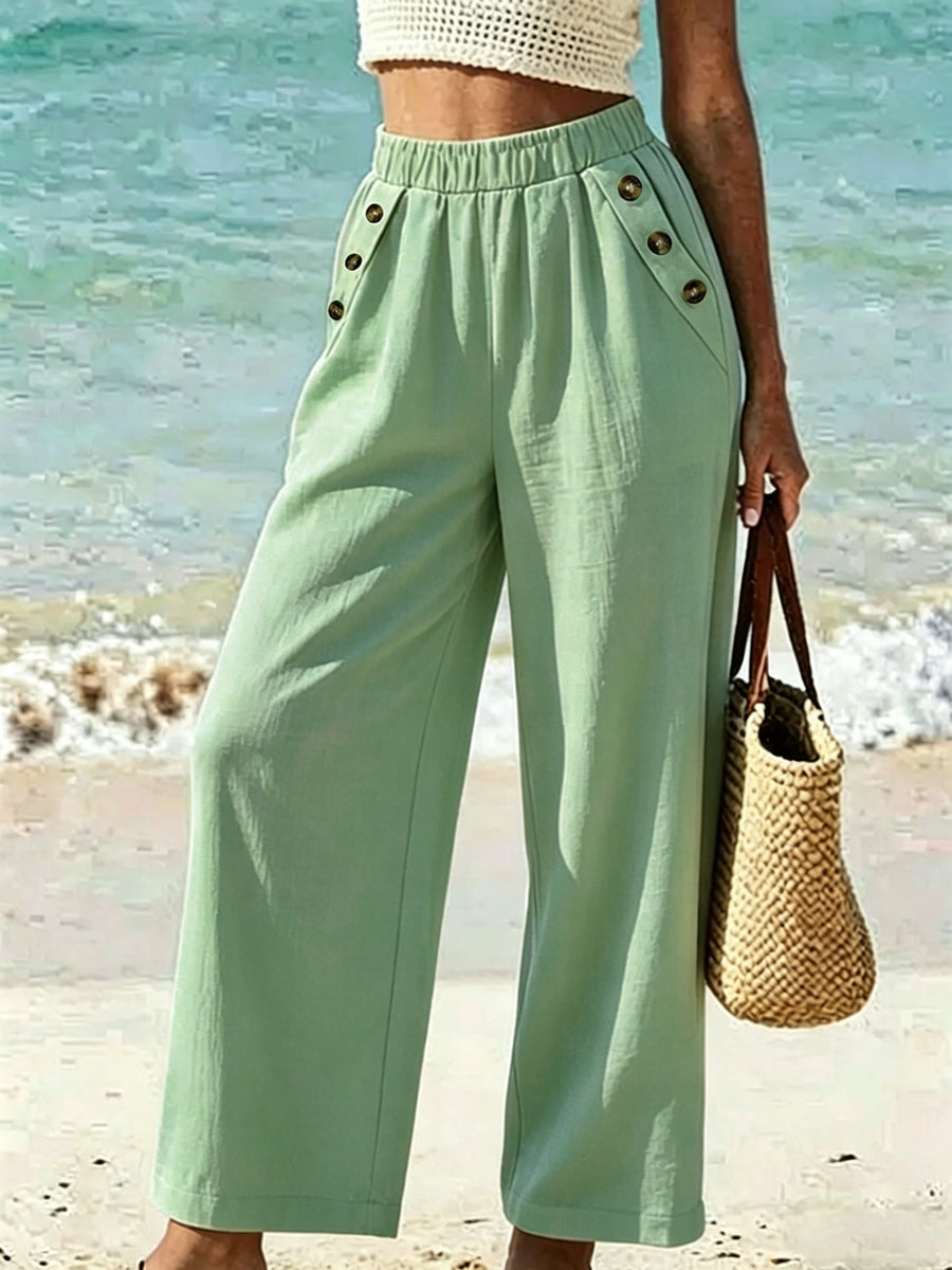 New Beautiful Women'S Elegant Solid Color Long Pants, with Elastic Waist And Pockets, Suitable for Commuting, Vacation, Street Fashion, Casual Afternoon Tea, And Daily Wear, Fashionable And Elegant Style - Light Green