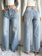 Retro Style Women'S Mid-Waist Frayed Tassel Wide-Leg Jeans, Stretch Washed Loose All-Match Denim Trousers - Light Blue