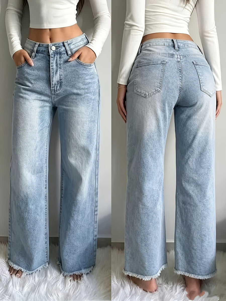 Retro Style Women'S Mid-Waist Frayed Tassel Wide-Leg Jeans, Stretch Washed Loose All-Match Denim Trousers - Light Blue