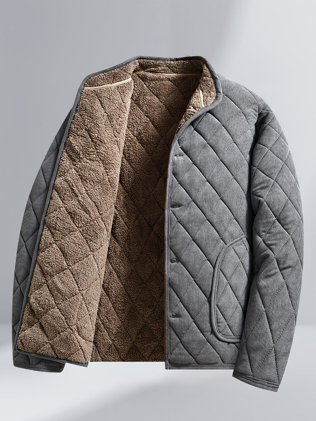 Men's Winter Thickened -Lined Padded Coat, Solid Color with Diamond-Pattern Stitching and Pockets, Casual Warm Padded Outerwear - Grey