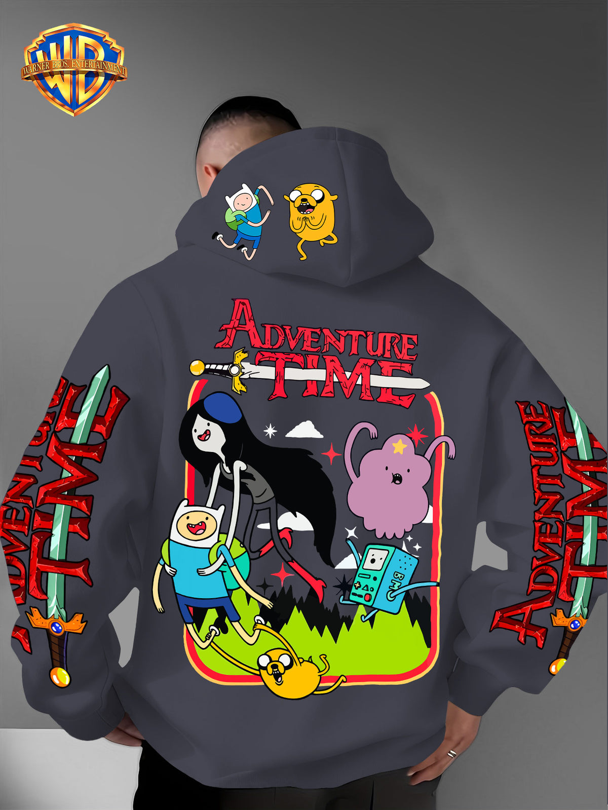 Warner Bros. Adventure Time Large Back Print, Hooded Sweatshirt with Hat Design Pattern, Multifunctional Street Style Men's Hoodie, Comfortable and Casual, Suitable for Autumn and Winter Wear - Dark Gray
