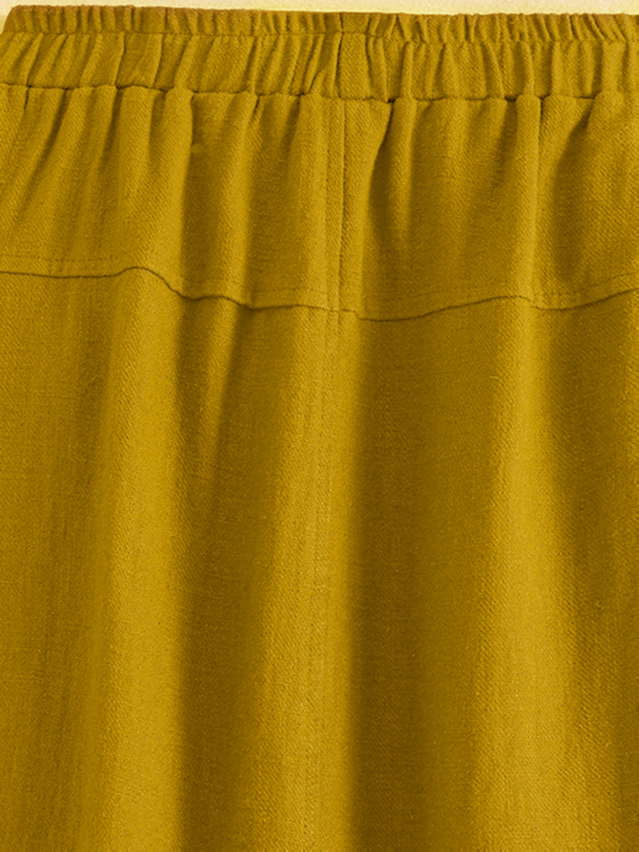 New Spring Summer Autumn Thin Korean Style Linen Loose Half Skirt with Pockets, Elastic Waist Linen Dress, Mid-Length Lantern Hem Women'S Skirt - Yellowish-brown