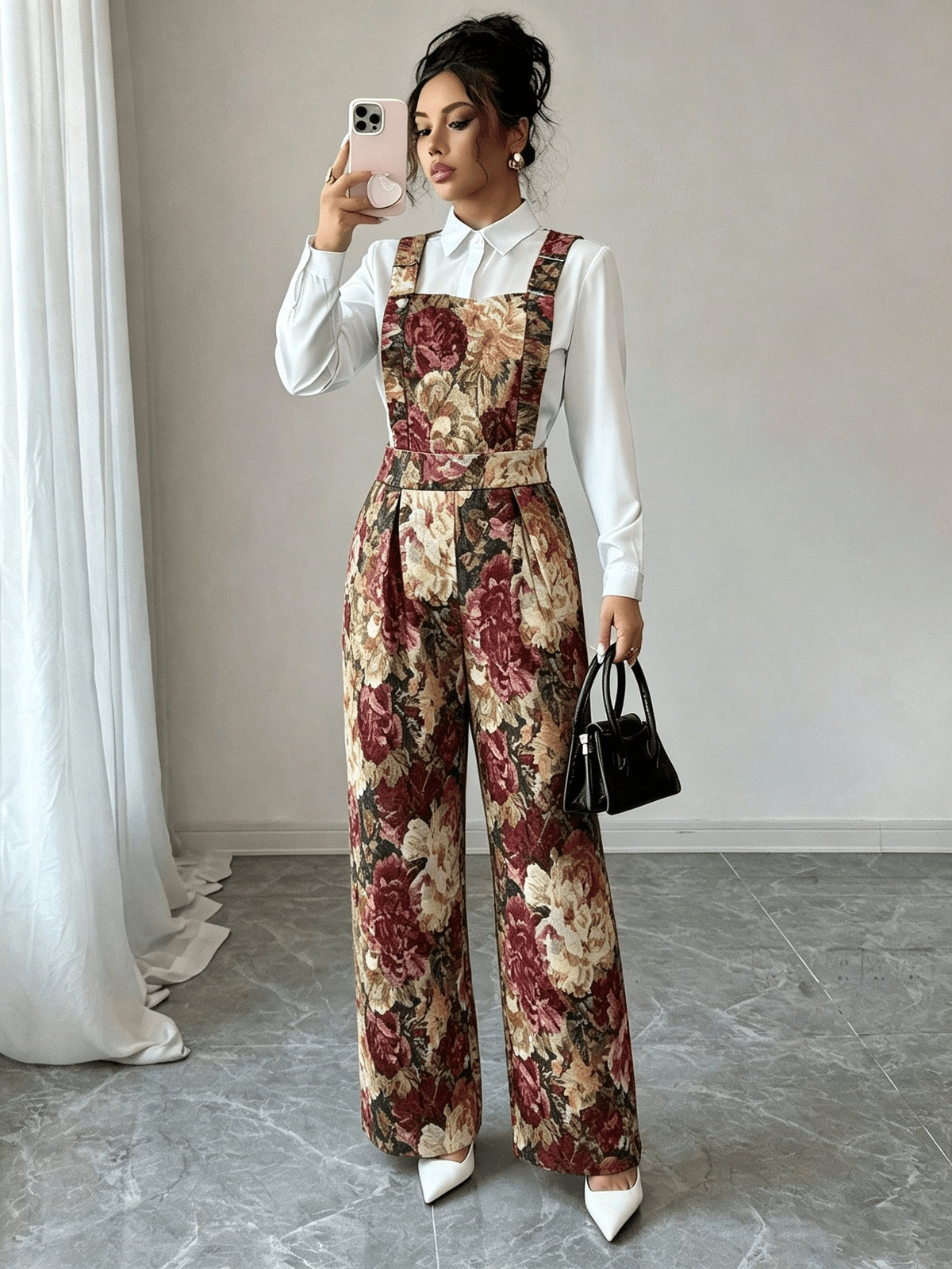 Women'S Casual Fashion Commuter Elegant Jacquard Oil Painting Floral Color Loose Long Pants Overalls Autumn Winter - Multicolor
