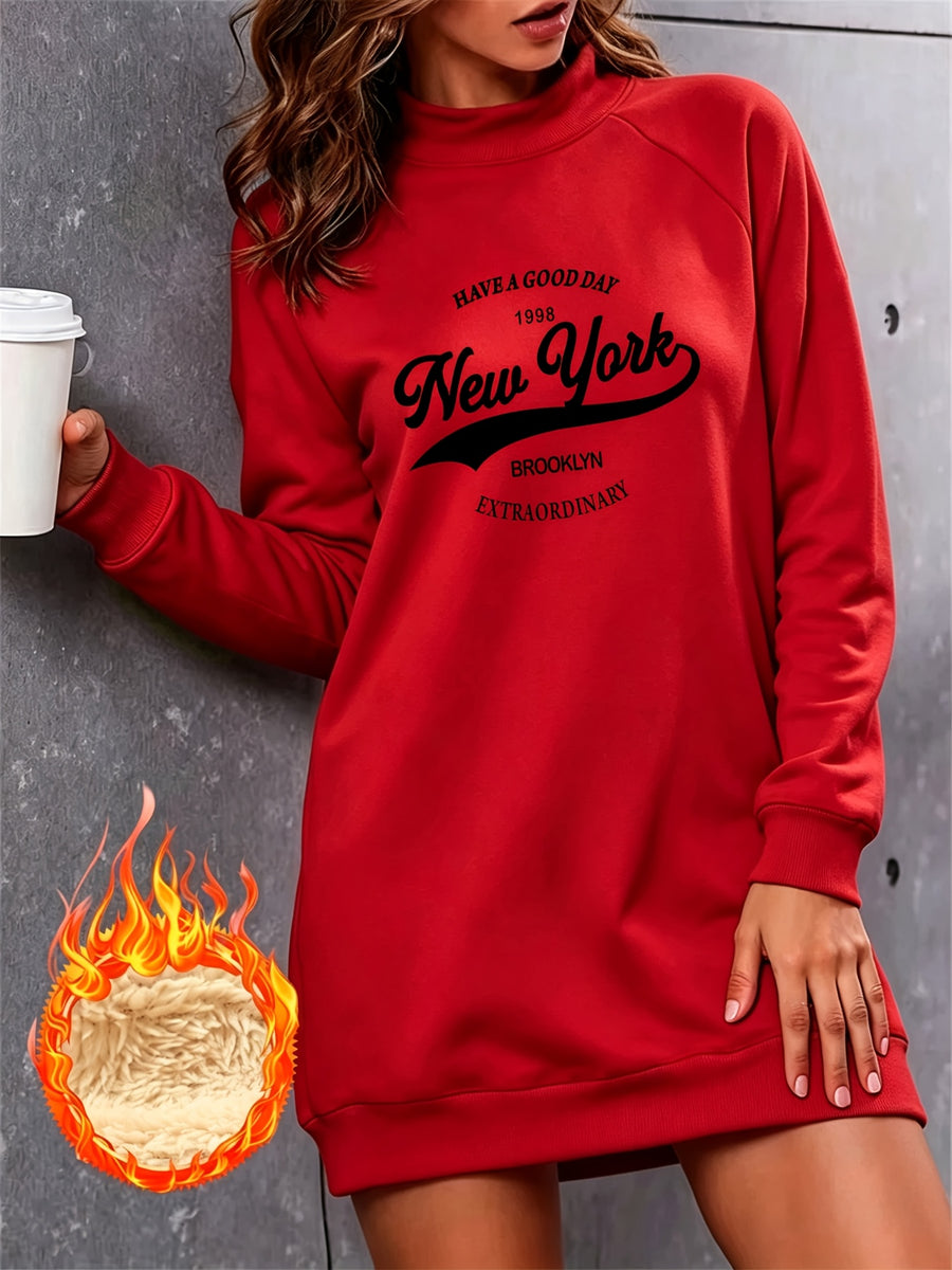 Retro New York English Letter Print Half-Neck Long Sweatshirt Women'S Fall Winter Fleece Thickened Loose Sweatshirt Dress - Red