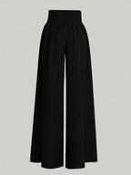Women'S Casual Wide Leg Pants, Elastic Waist, Solid Color, Polyester 100%, Loose Fit, Long Length, Woven Fabric, 200g/m², for Spring/Fall, Weekend Casual Wear - Black