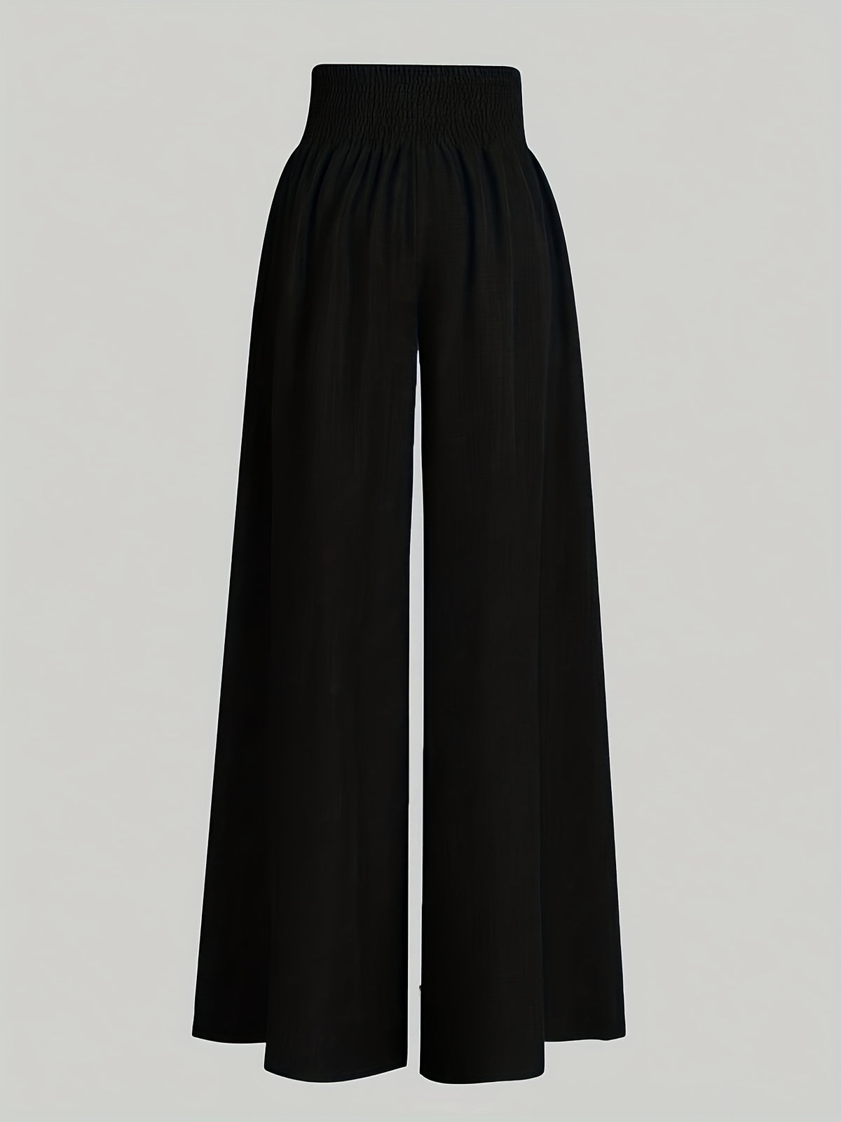 Women'S Casual Wide Leg Pants, Elastic Waist, Solid Color, Polyester 100%, Loose Fit, Long Length, Woven Fabric, 200g/m², for Spring/Fall, Weekend Casual Wear - Black