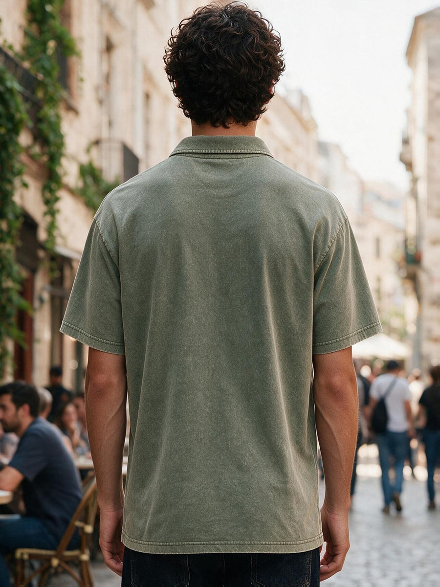 240G Heavyweight Combed Pure Men'S POLO Shirt Easy Retro Washed Loose Lapel Short Sleeve Skin-Friendly Temperament Autumn Summer Daily Commute Casual Top - Military Green