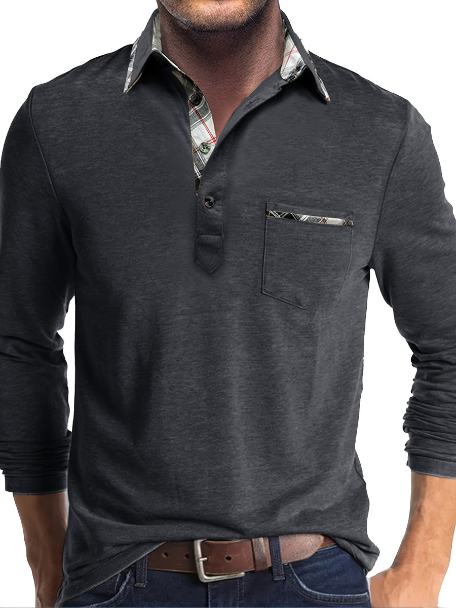 Spring and Autumn Fashion Men's Lapel Pocket Polo Shirt, Solid Color Casual Commuter Pocket Top - Black