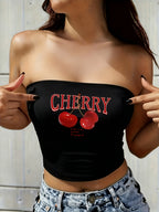 Women'S Cherry Print Tube Top Strapless Short Top, Multifunctional Four-Season Midriff Vest - Black